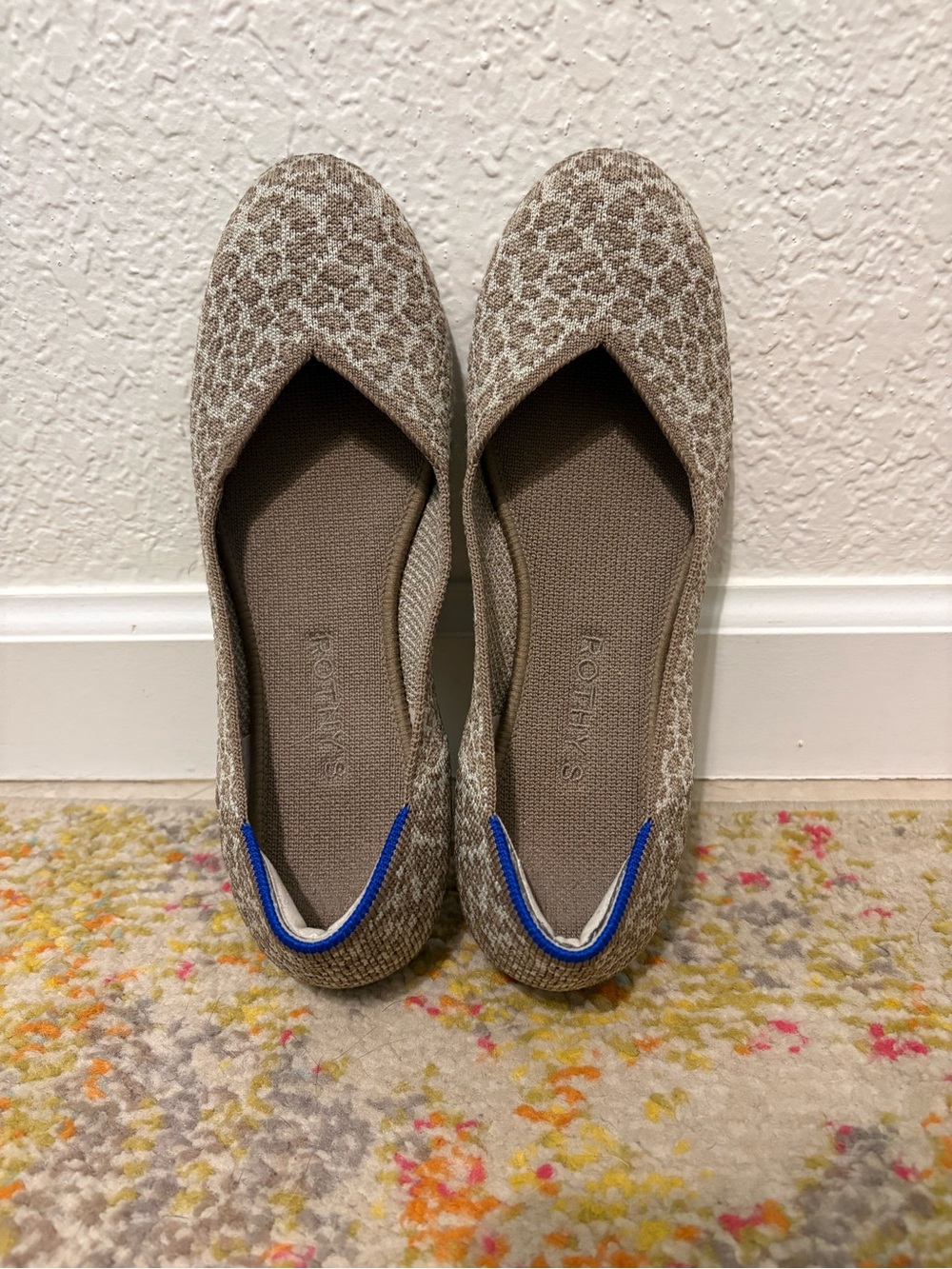 Rothy's Beige Leopard-Print Flats with Blue Trim - Picture 7 of 8